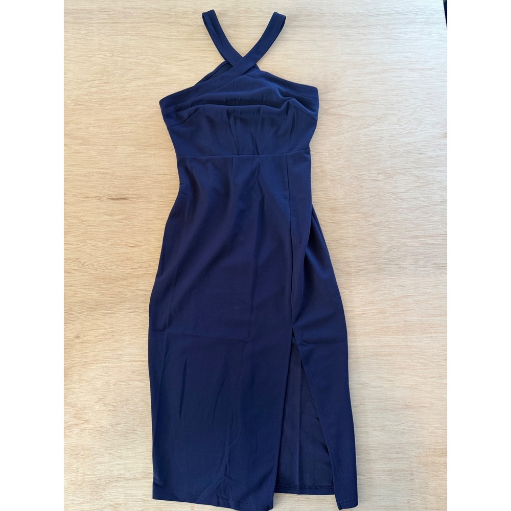 Navy Blue Halter Neck Midi Dress Crisscross Front Side Slit Bodycon Small